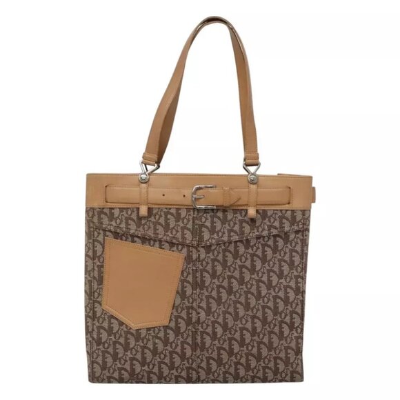 Christian Dior Trotter Canvas Tote Bag Brown Beige Silver - Picture 1 of 14